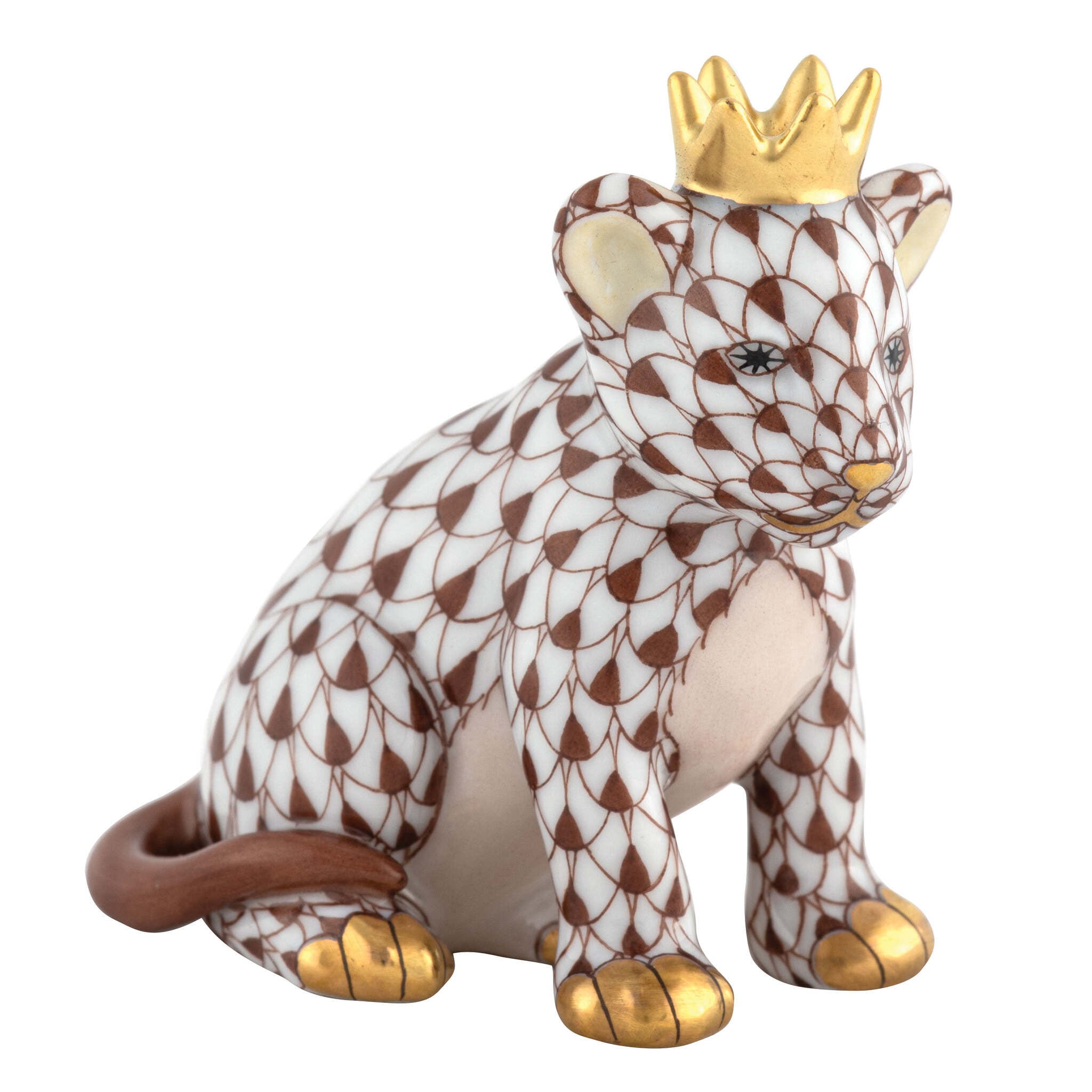 Herend Lion Cub with Crown Figurine porcelain figurine painted in the Chocolate fishnet pattern