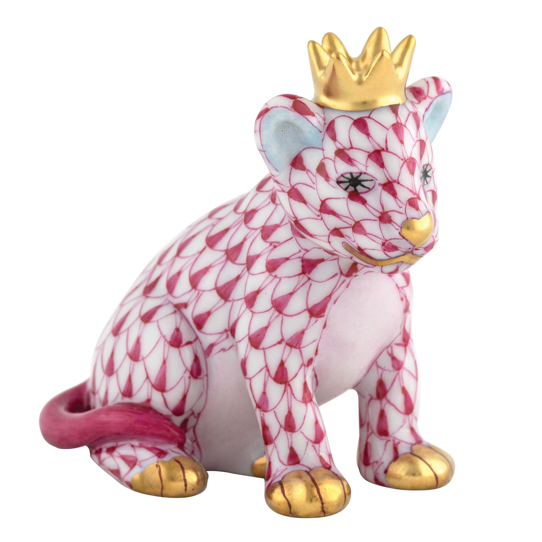 Raspberry fishnet Lion Cub with Crown Figurine figurine, hand-painted Herend porcelain with 24k gold accents