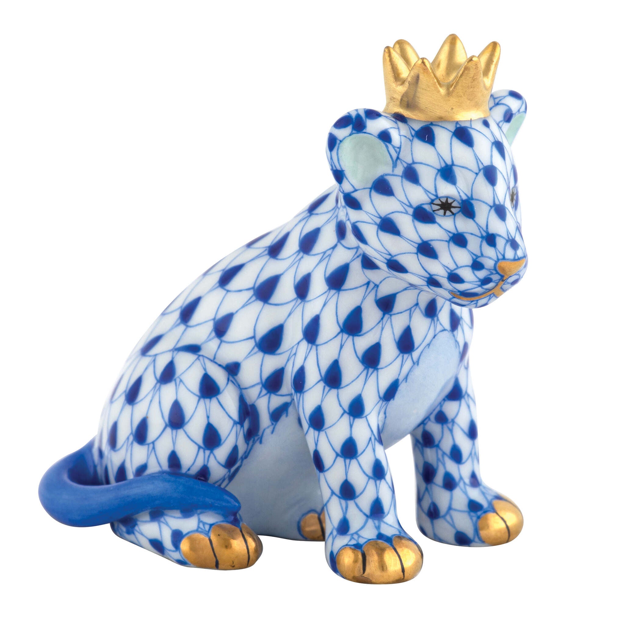 Sapphire fishnet Lion Cub with Crown Figurine figurine, hand-painted Herend porcelain with 24k gold accents