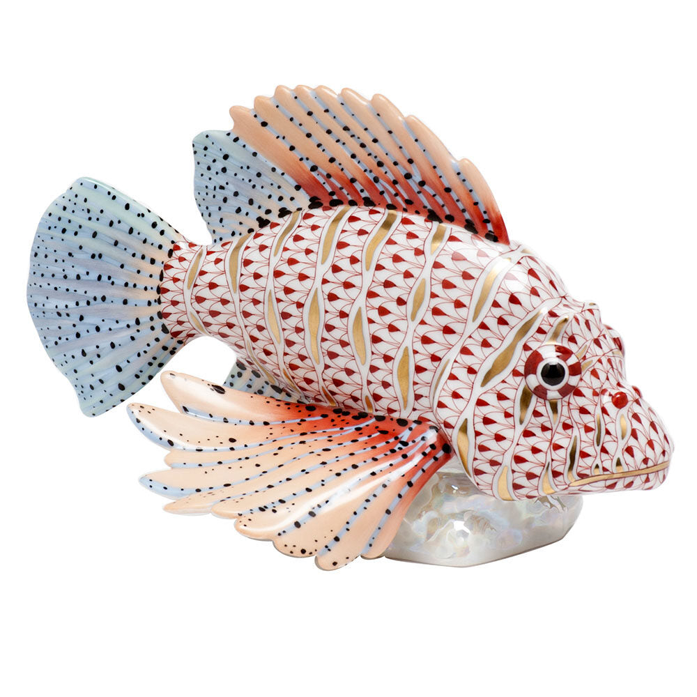 Hand-painted Herend Lionfish Figurine in fine porcelain, 6.75in L X 4.5in H, on a white background