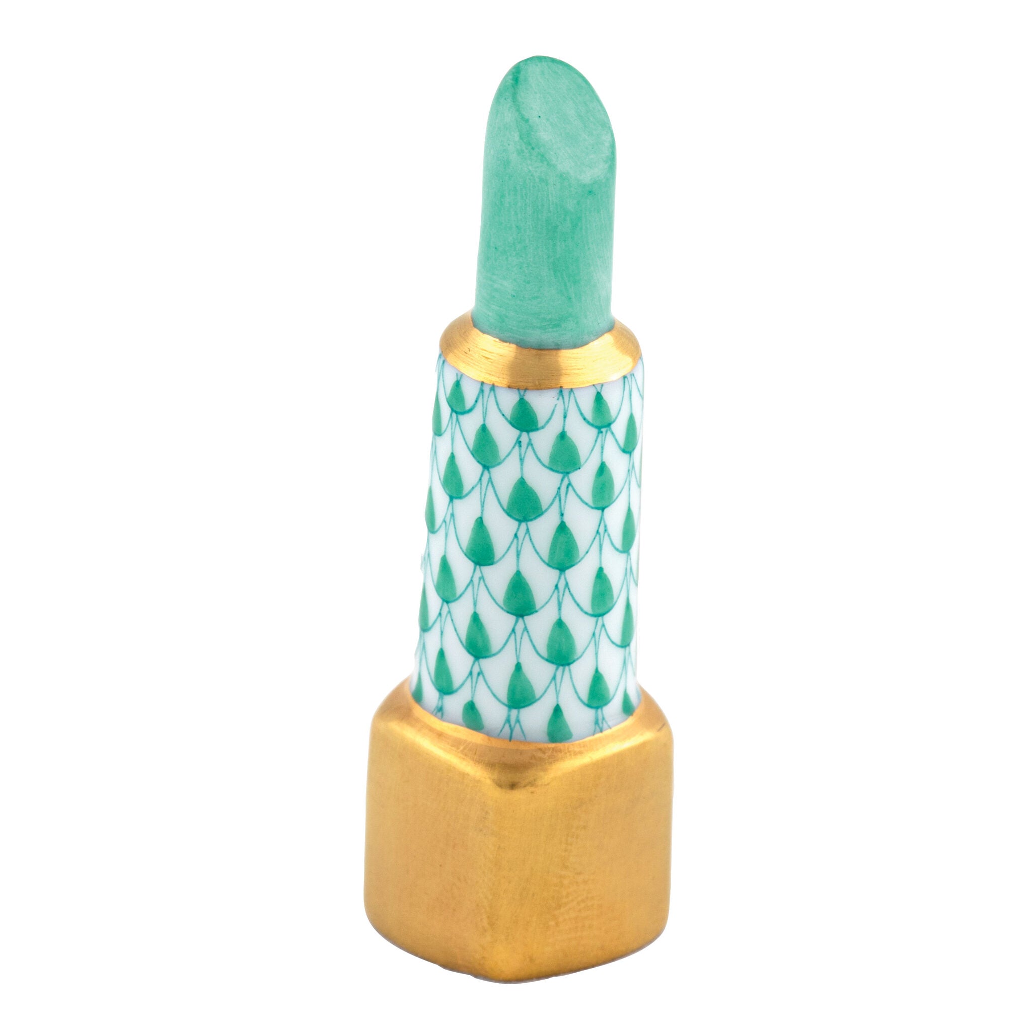 Hand-painted Herend Lipstick Figurine in Green fishnet porcelain on a white background