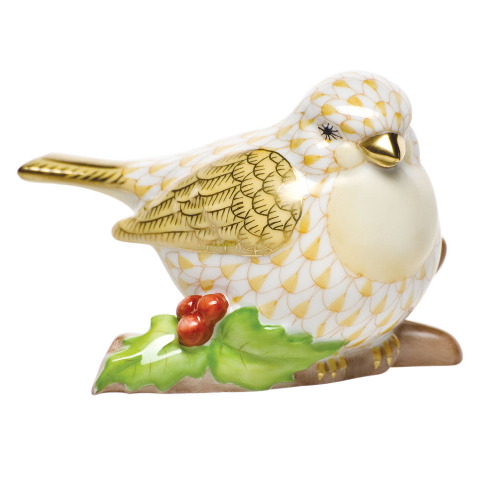 Butterscotch fishnet Little Bird on Holly Figurine figurine, hand-painted Herend porcelain with 24k gold accents