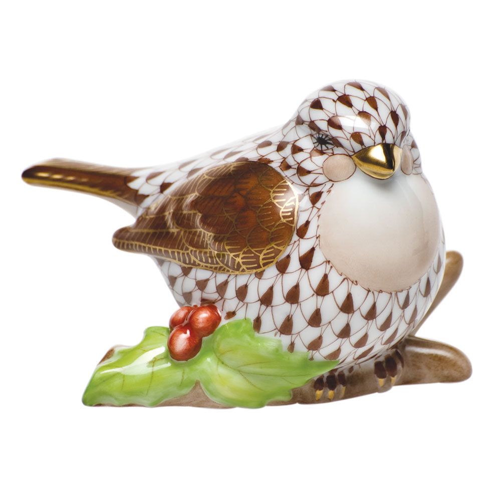Herend Little Bird on Holly Figurine porcelain figurine painted in the Chocolate fishnet pattern