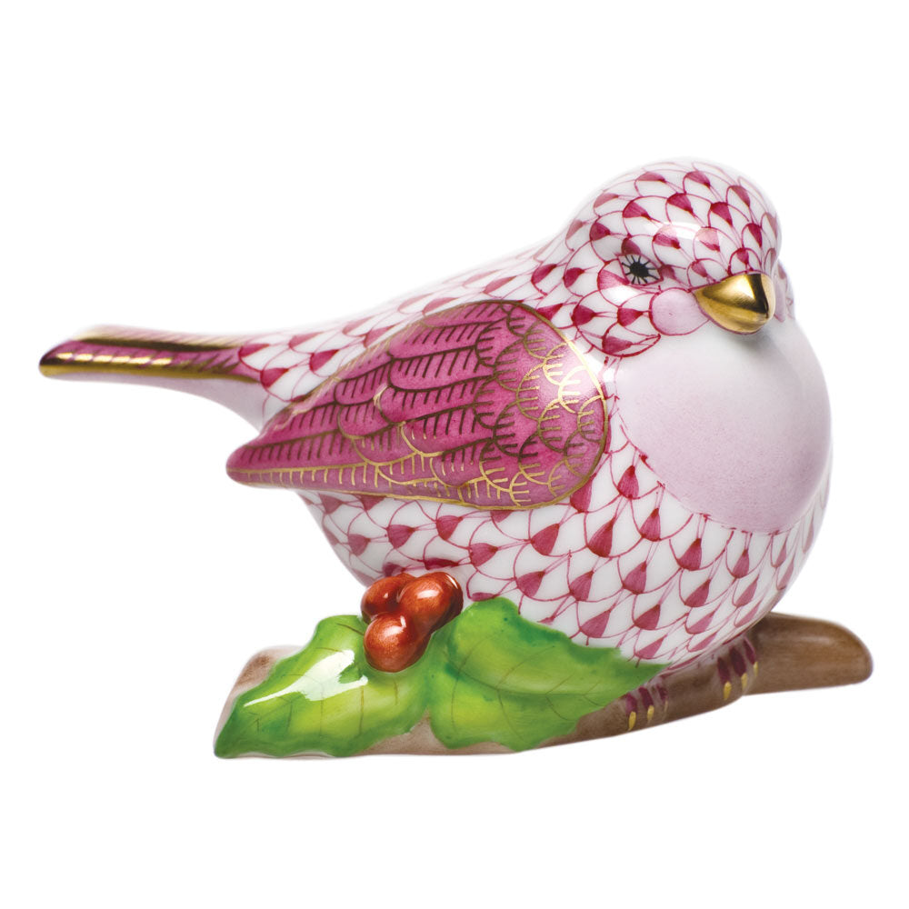 Raspberry fishnet Little Bird on Holly Figurine figurine, hand-painted Herend porcelain with 24k gold accents
