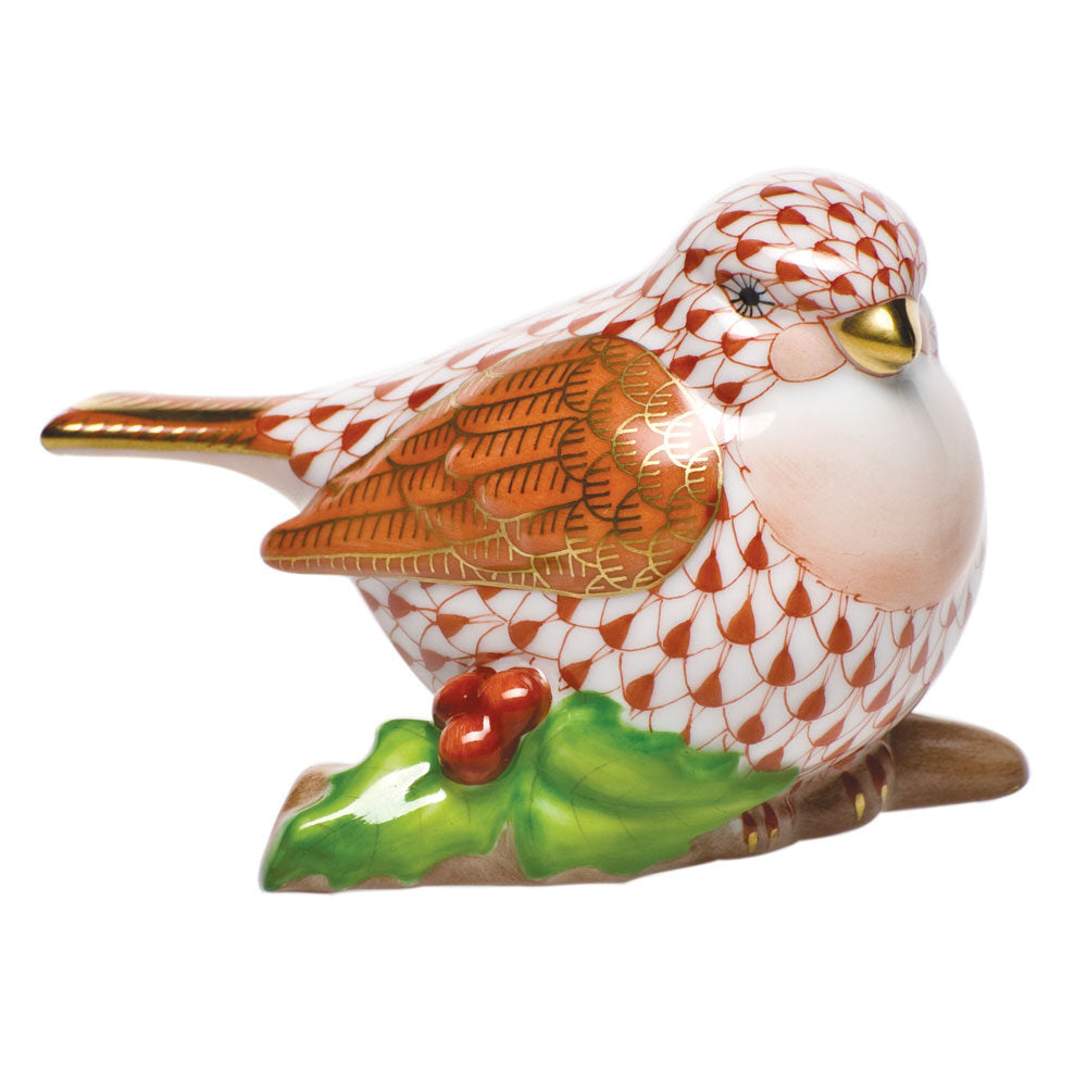 Herend Little Bird on Holly Figurine porcelain figurine painted in the Rust fishnet pattern