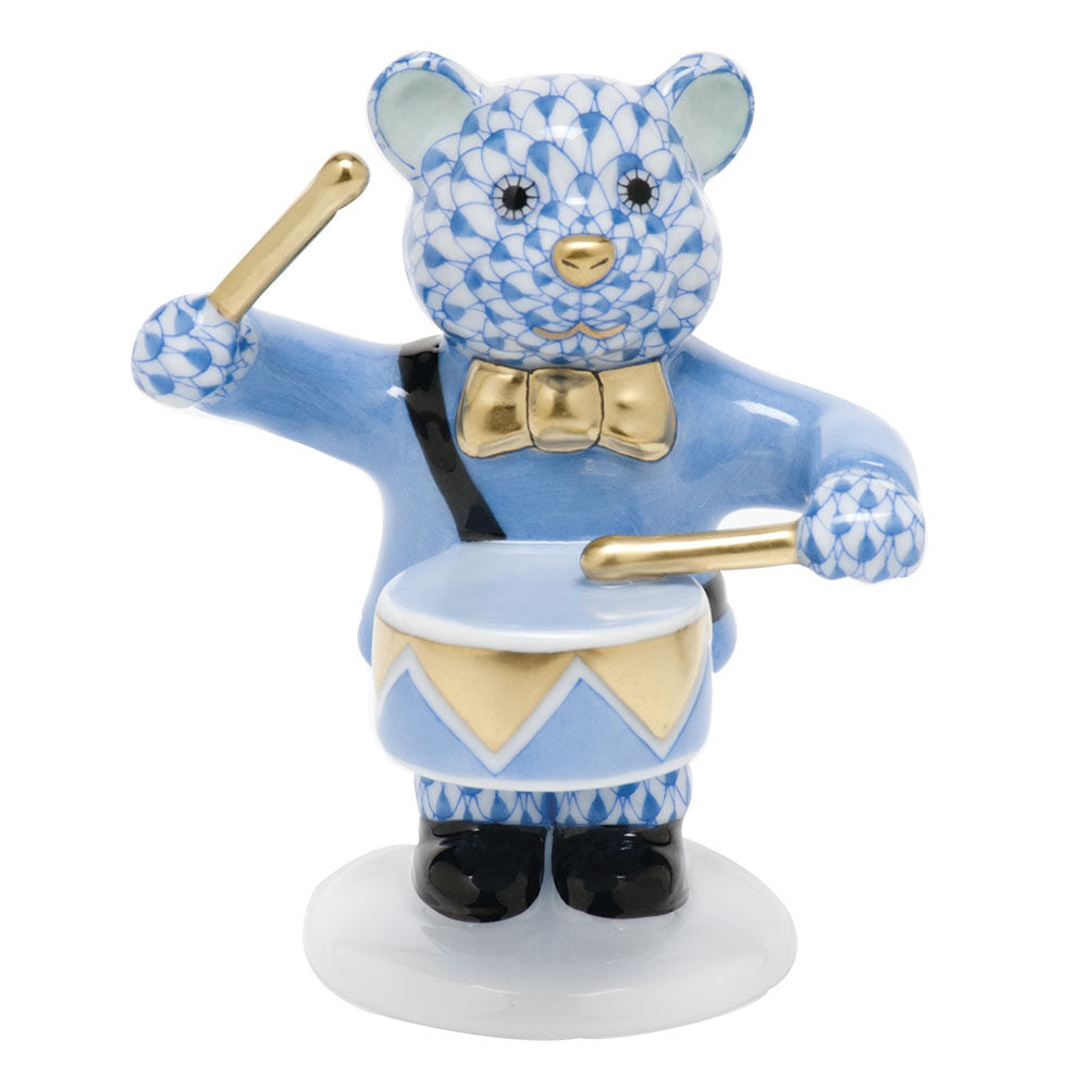 Hand-painted Herend Little Drummer Bear Figurine in fine porcelain, 2.5in L X 3in H, on a white background