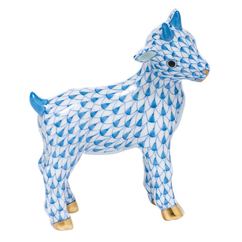 Blue fishnet Little Kid Figurine figurine, hand-painted Herend porcelain with 24k gold accents