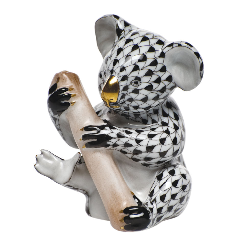 Hand-painted Herend Little Koala Figurine in Black fishnet porcelain on a white background