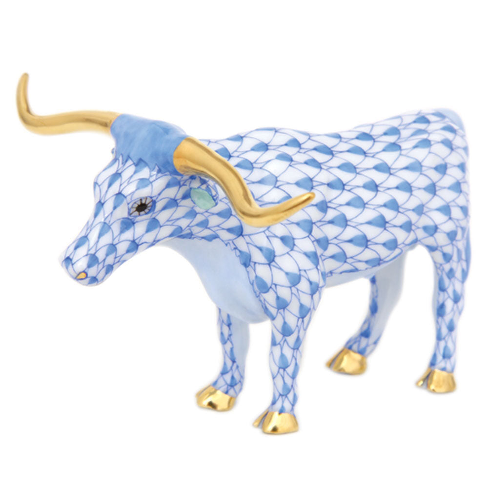 Blue fishnet Longhorn Figurine figurine, hand-painted Herend porcelain with 24k gold accents