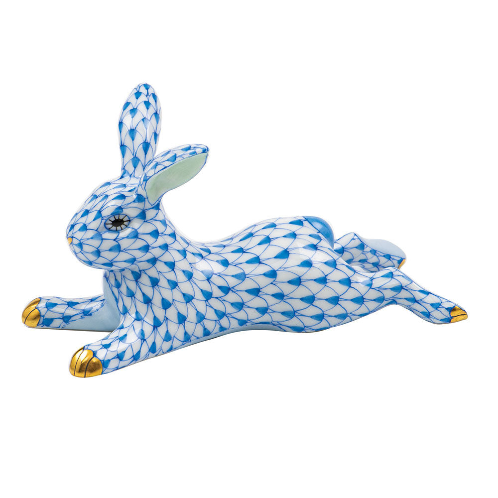 Blue fishnet Lounging Bunny Figurine figurine, hand-painted Herend porcelain with 24k gold accents