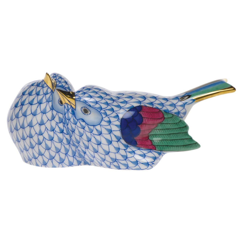 Love Birds Figurine in hand-painted Blue porcelain by Herend of Hungary