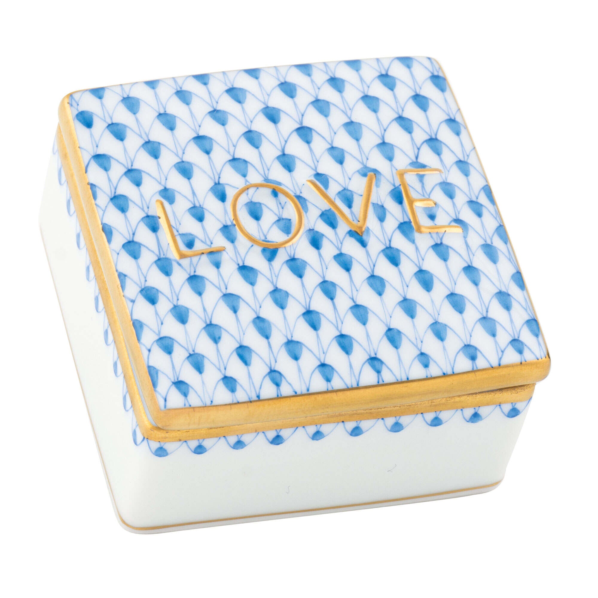 Blue fishnet Love Box figurine, hand-painted Herend porcelain with 24k gold accents