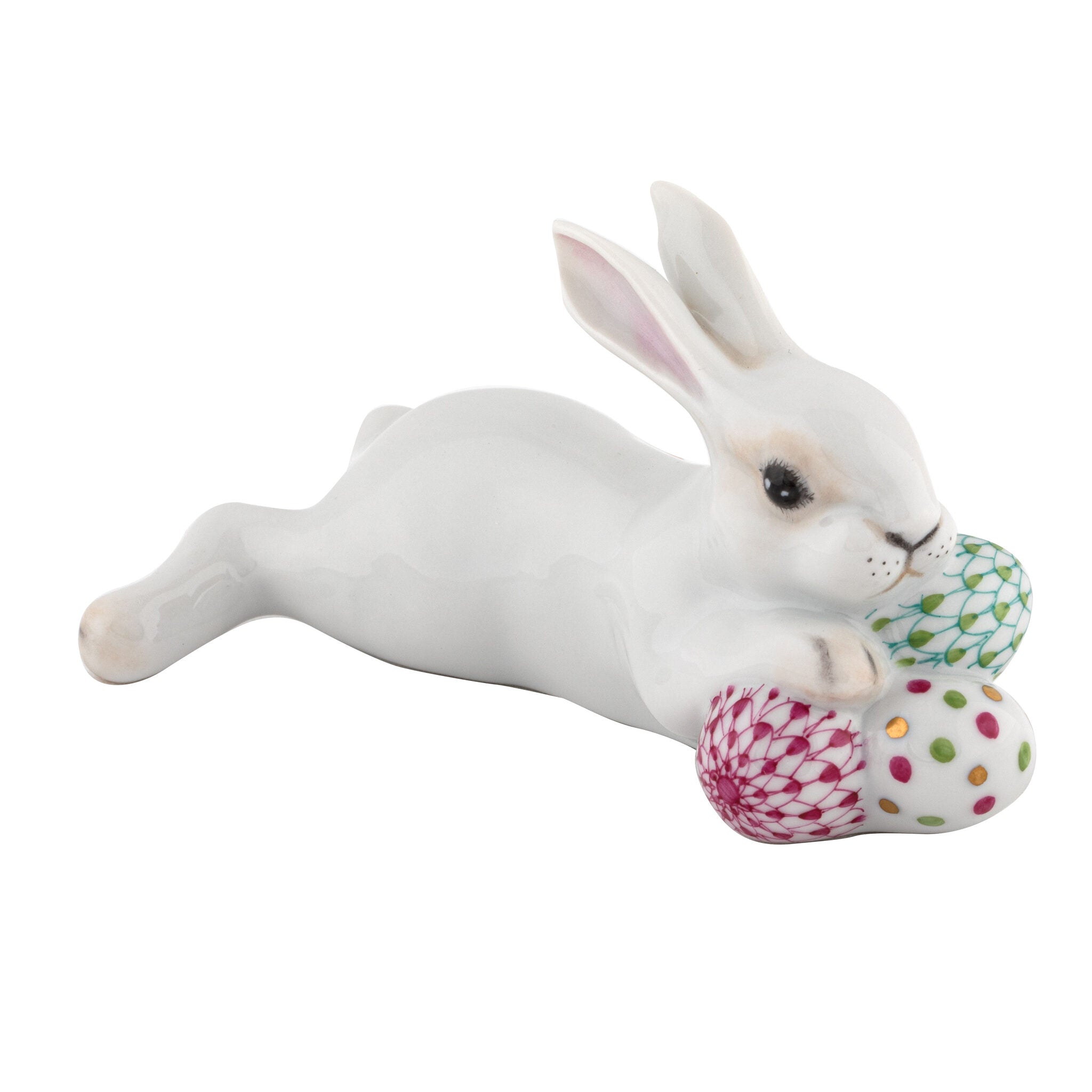 Hand-painted Herend Lying Bunny with Eggs Figurine in fine porcelain, 4.25in L X 3.25in W X 2.25in H, on a white background