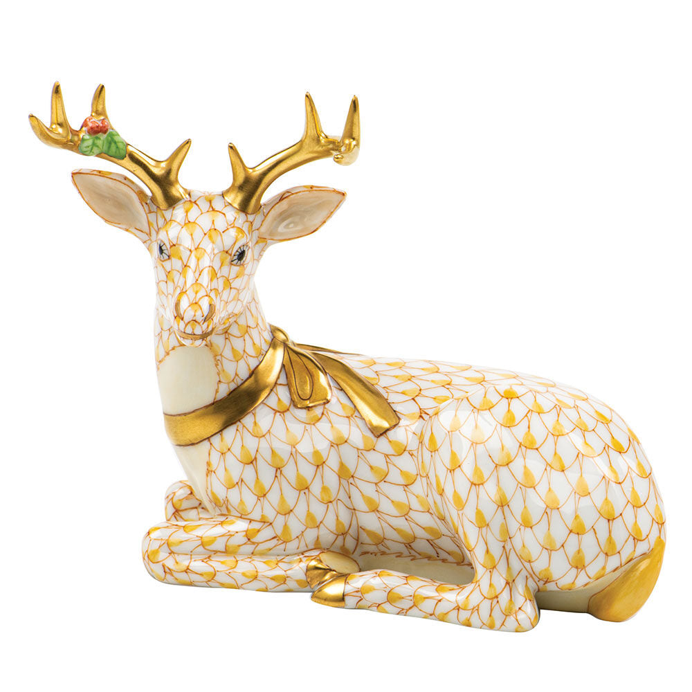 Butterscotch fishnet Lying Christmas Deer Figurine figurine, hand-painted Herend porcelain with 24k gold accents