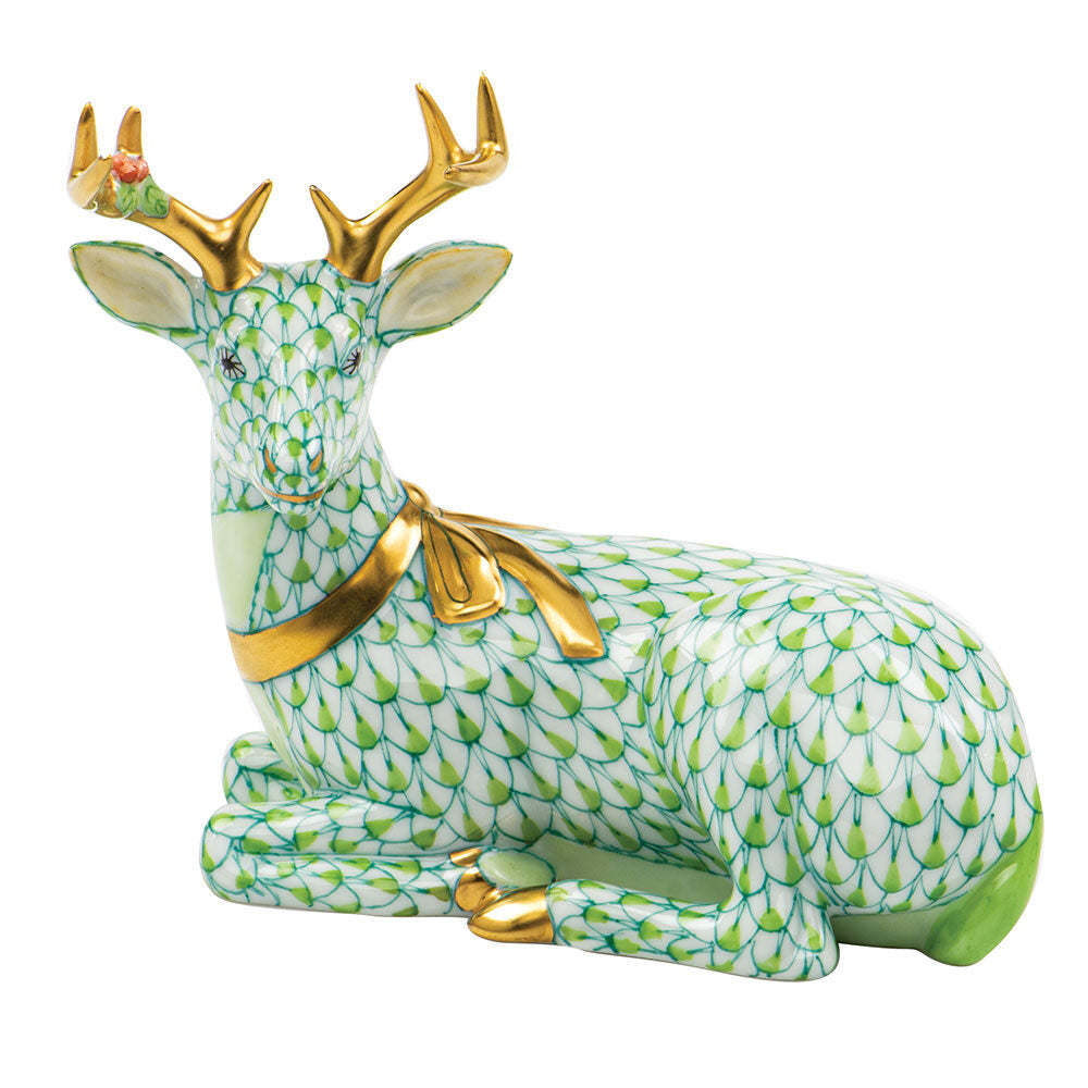 Herend Lying Christmas Deer Figurine porcelain figurine painted in the Key Lime fishnet pattern