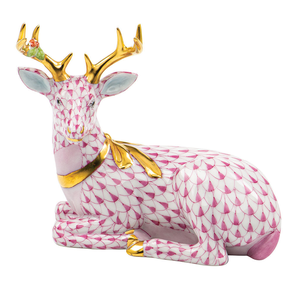Herend Lying Christmas Deer Figurine porcelain figurine painted in the Raspberry fishnet pattern