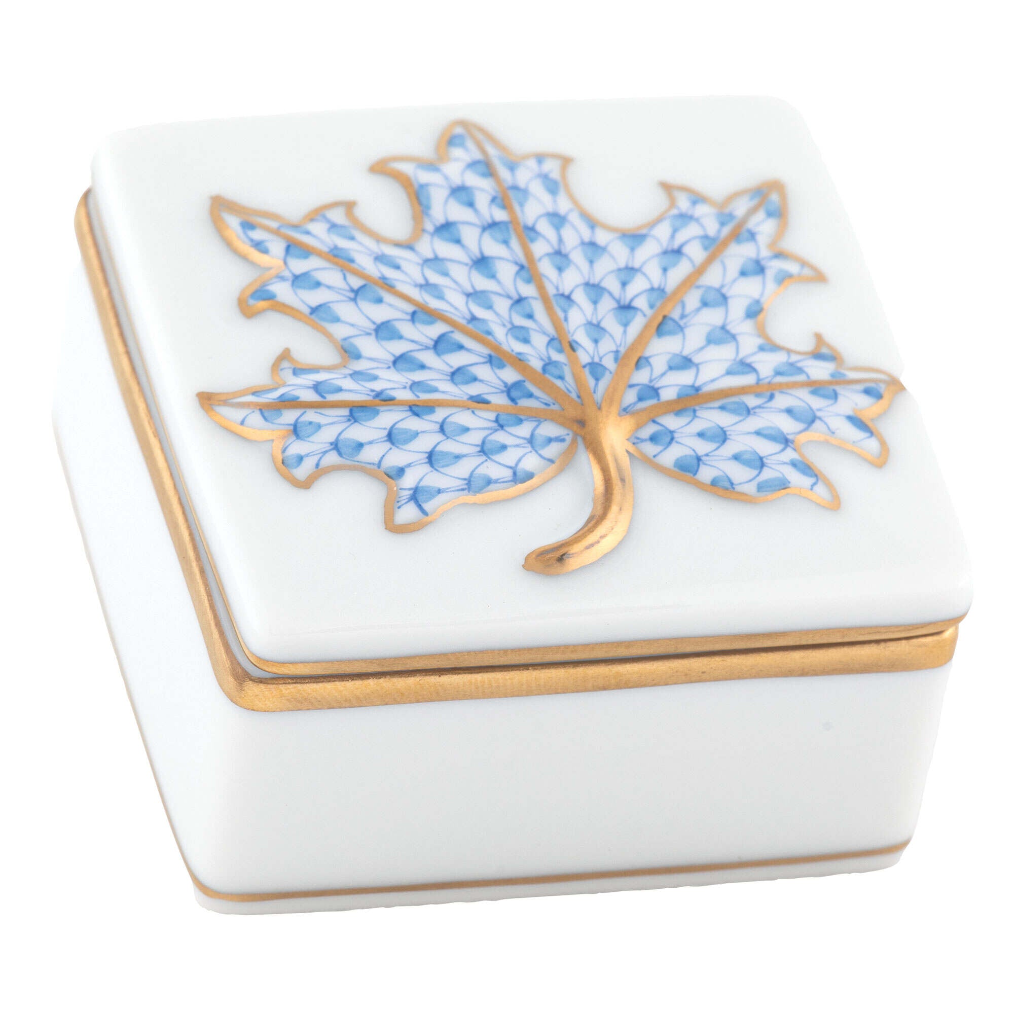 Hand-painted Herend Maple Leaf Box in Blue fishnet porcelain on a white background