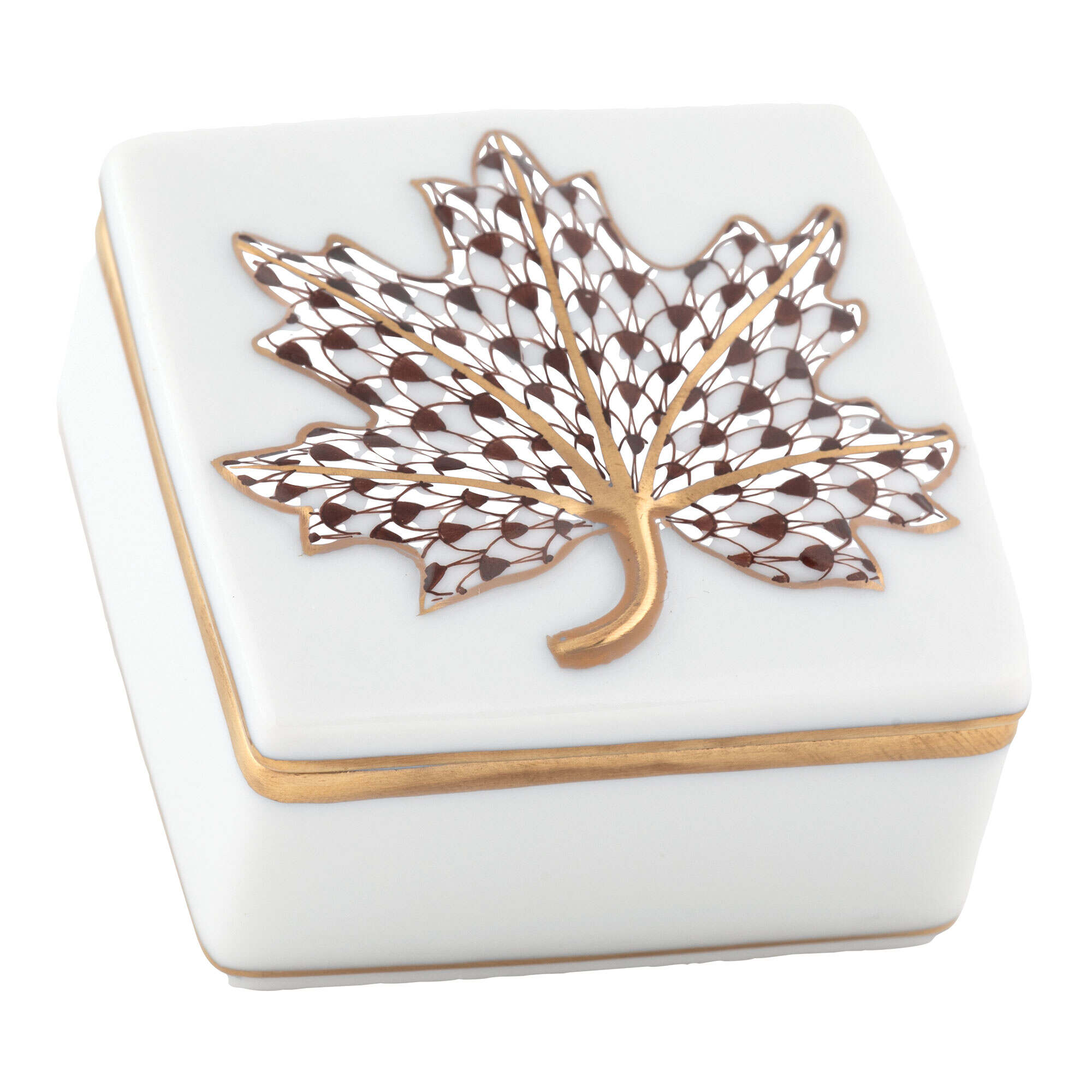Chocolate fishnet Maple Leaf Box figurine, hand-painted Herend porcelain with 24k gold accents