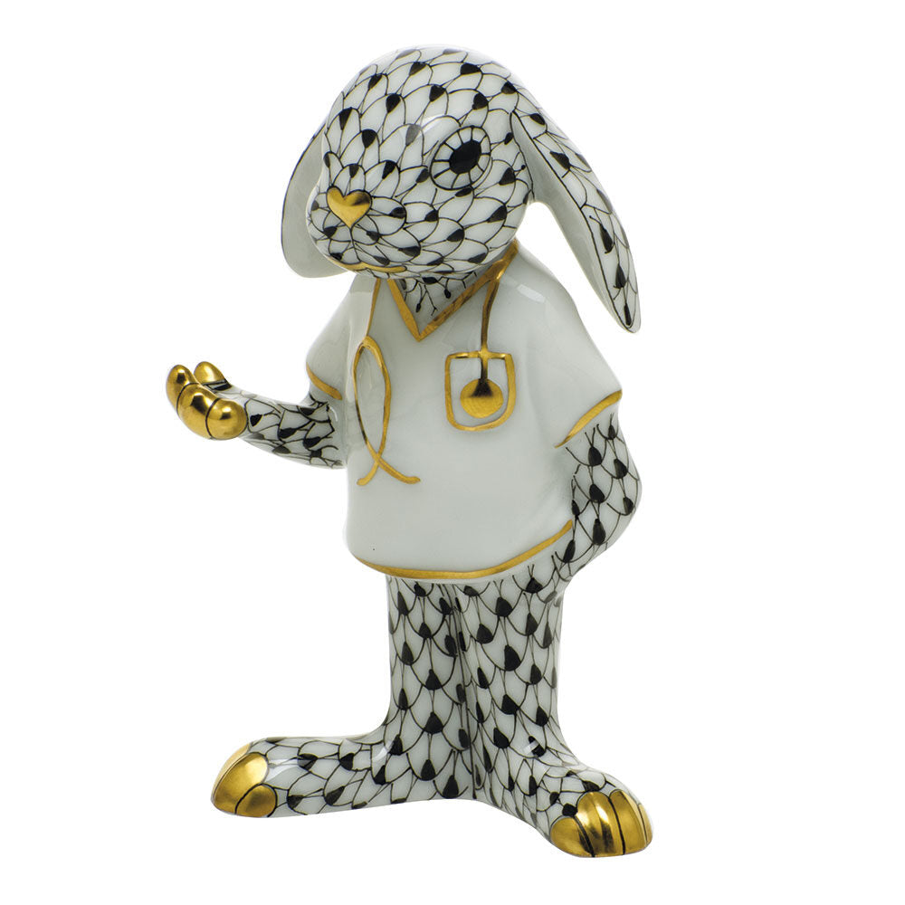 Hand-painted Herend Medical Bunny Figurine in Black fishnet porcelain on a white background