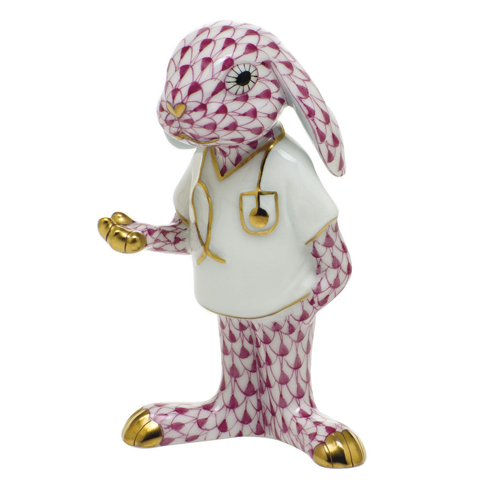 Herend Medical Bunny Figurine porcelain figurine painted in the Raspberry fishnet pattern