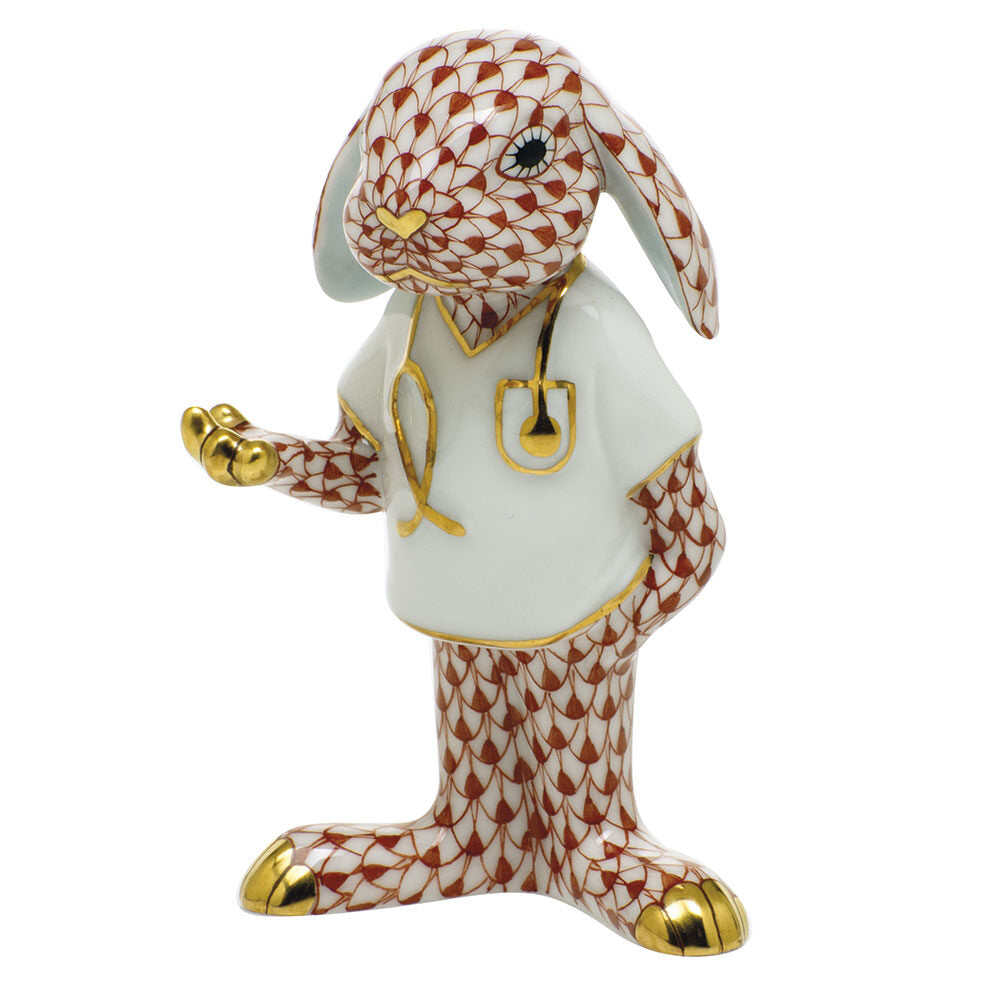 Herend Medical Bunny Figurine porcelain figurine painted in the Rust fishnet pattern