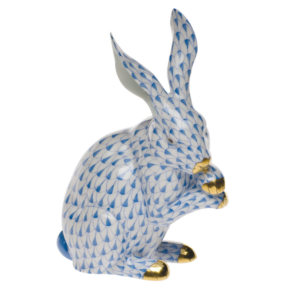 Hand-painted Herend Medium Bunny with Paws Up Figurine in Blue fishnet porcelain on a white background