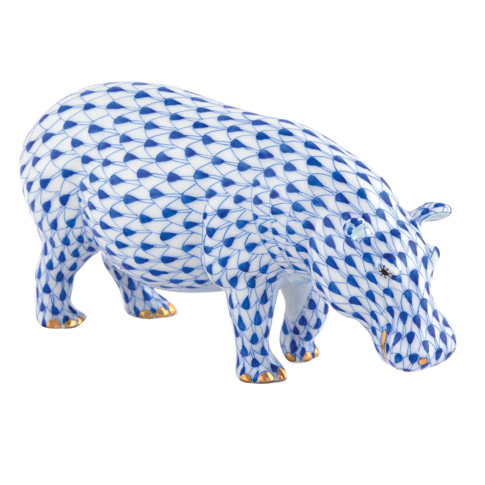 Medium Hippopotamus Figurine in hand-painted Sapphire porcelain by Herend of Hungary