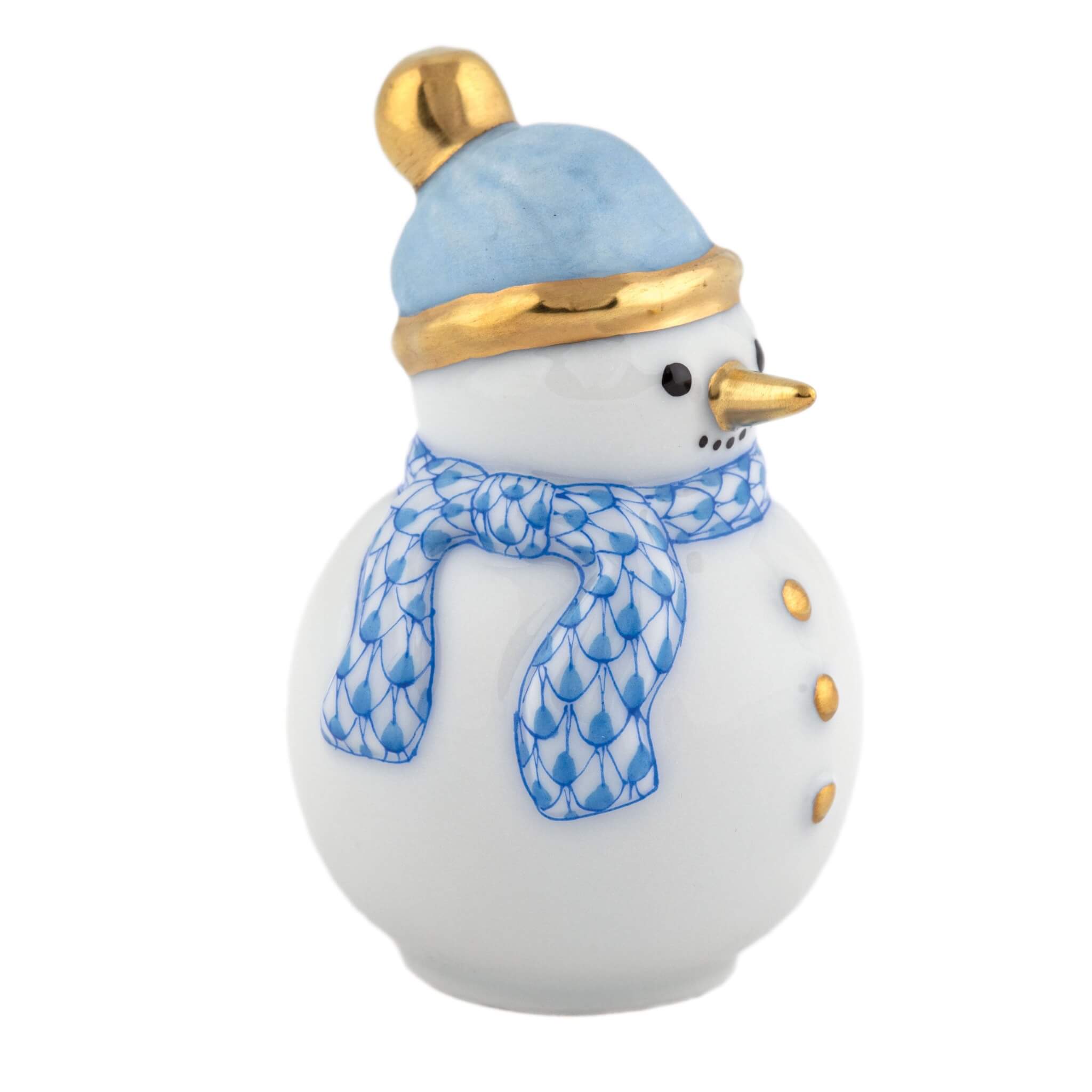 Decorative snowman figurine with a blue hat, scarf, and gold accents on a white background
