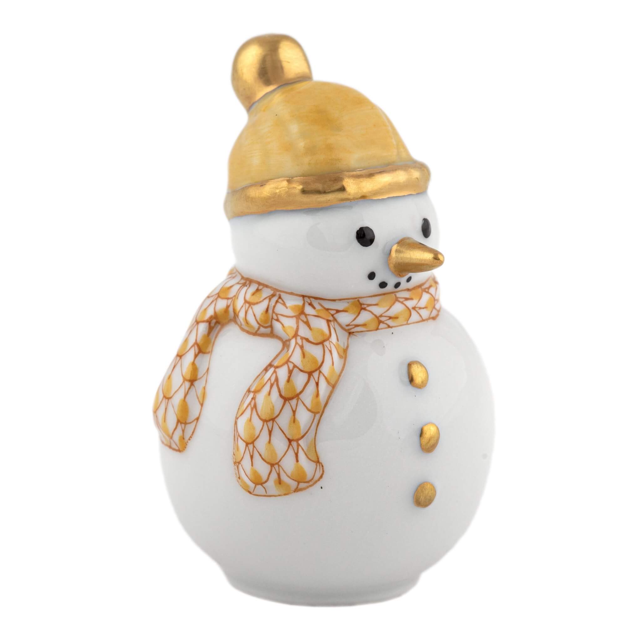 Snowman figurine with gold hat and scarf on a white background