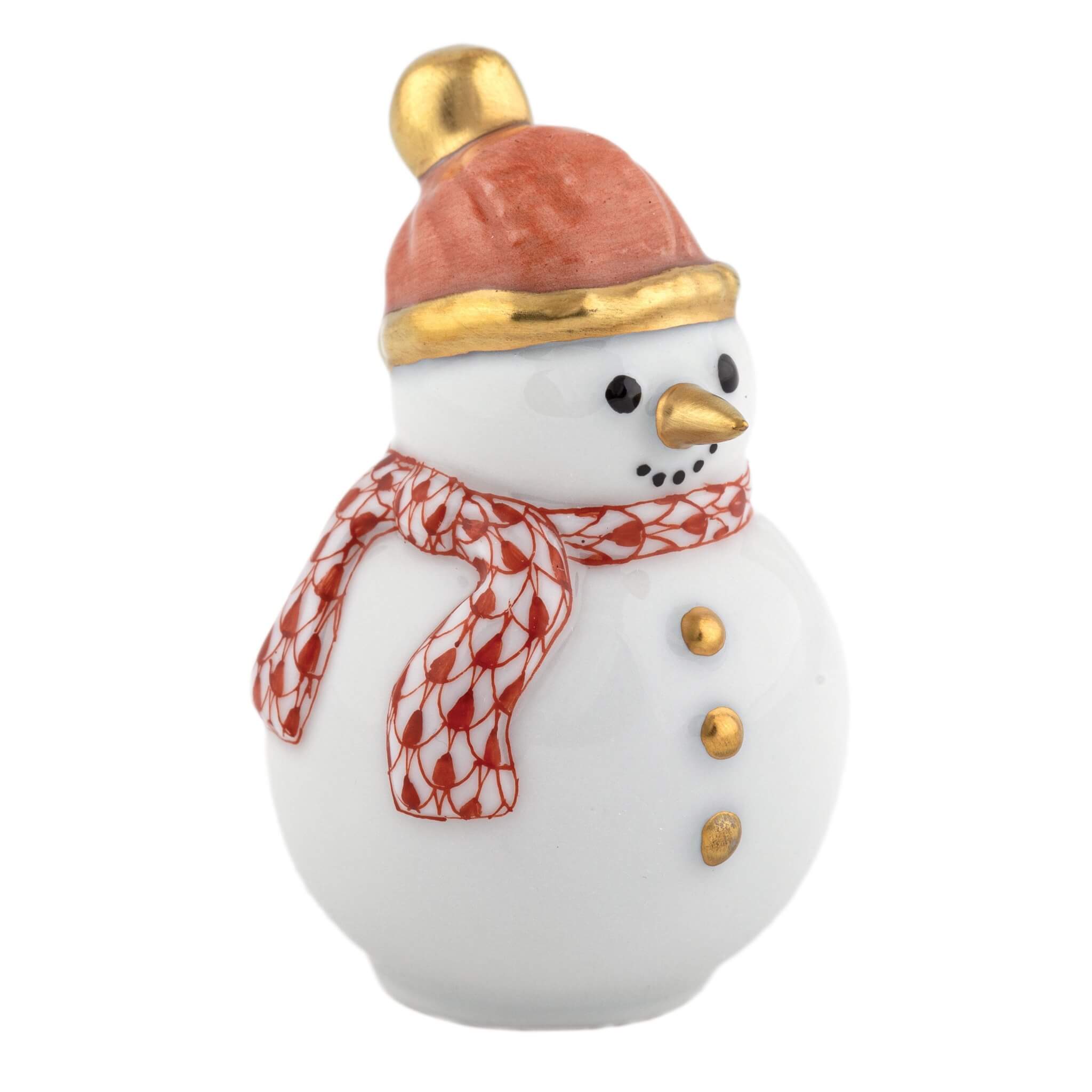Decorative snowman figurine with a red hat, gold buttons, and a red scarf on a white background