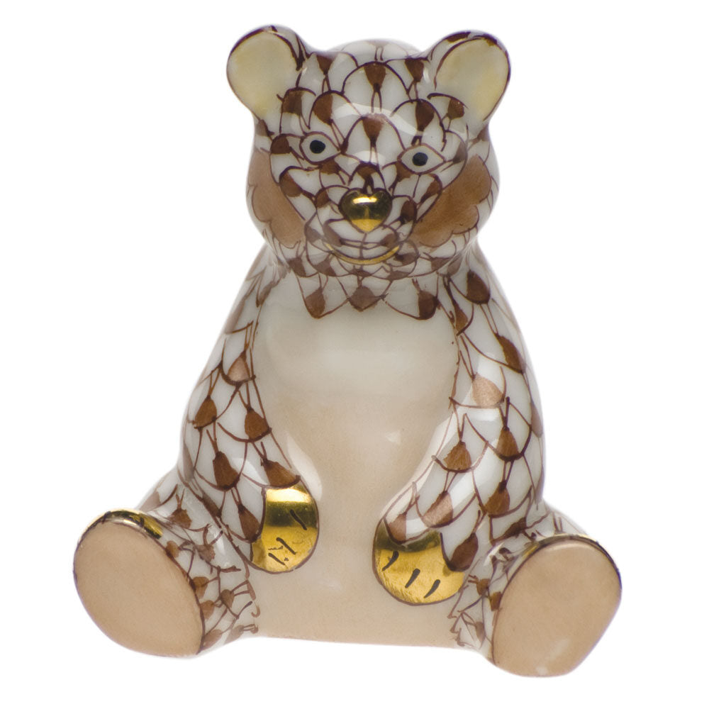 Chocolate fishnet Miniature Baby Bear Sitting Figurine figurine, hand-painted Herend porcelain with 24k gold accents
