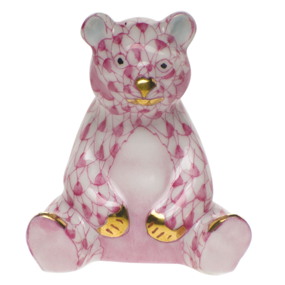 Hand-painted Herend Miniature Baby Bear Sitting Figurine in Raspberry fishnet porcelain on a white background