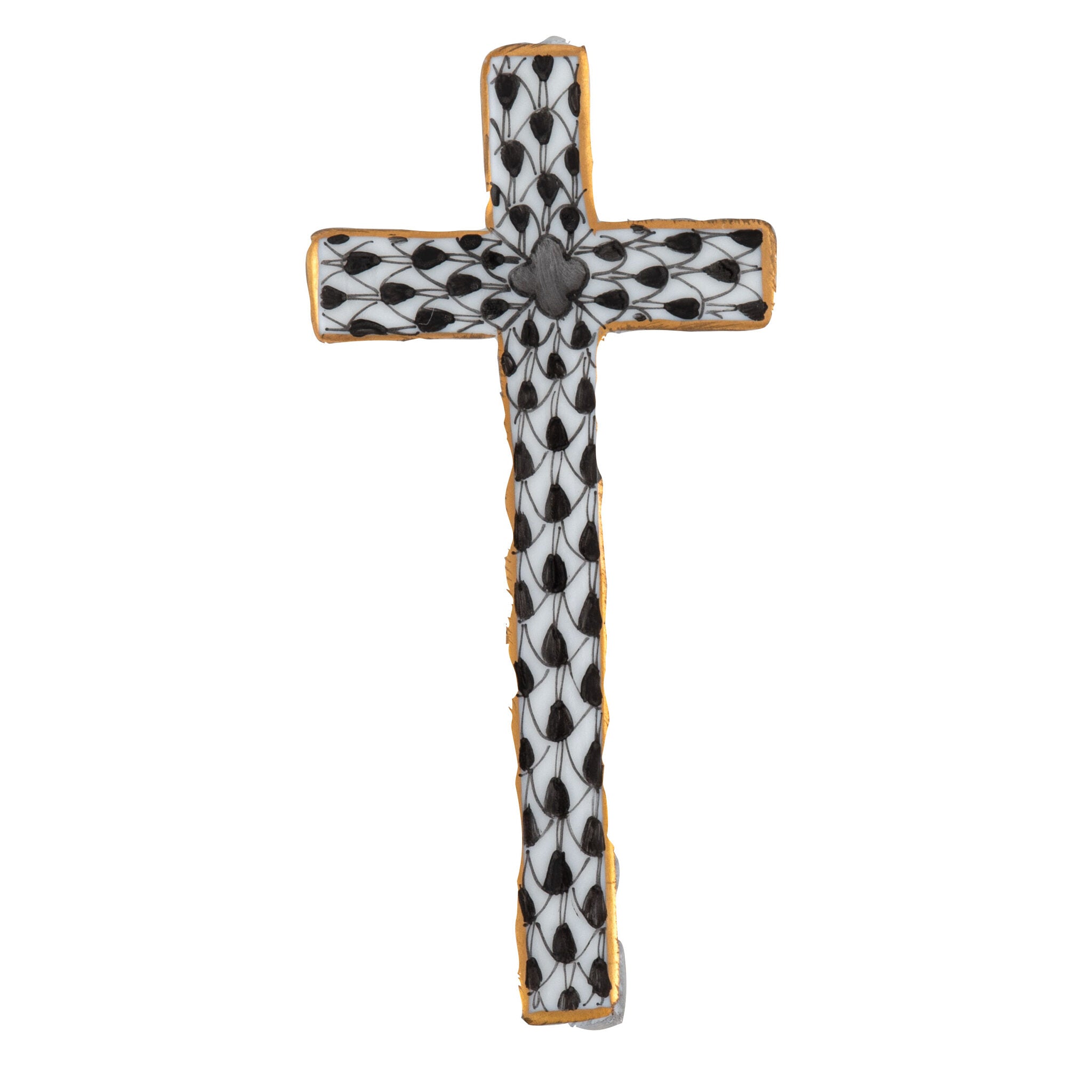 Black fishnet Miniature Cross Figurine figurine, hand-painted Herend porcelain with 24k gold accents