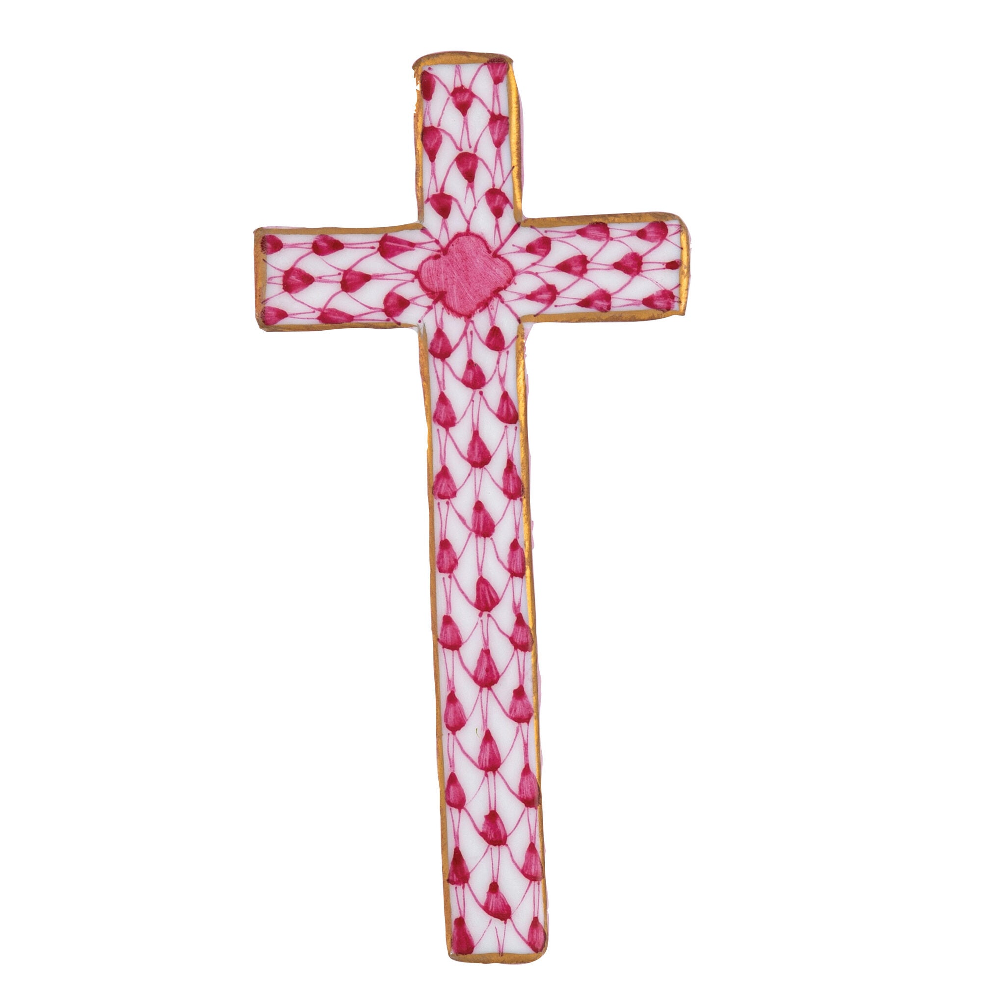 Hand-painted Herend Miniature Cross Figurine in Raspberry fishnet porcelain on a white background