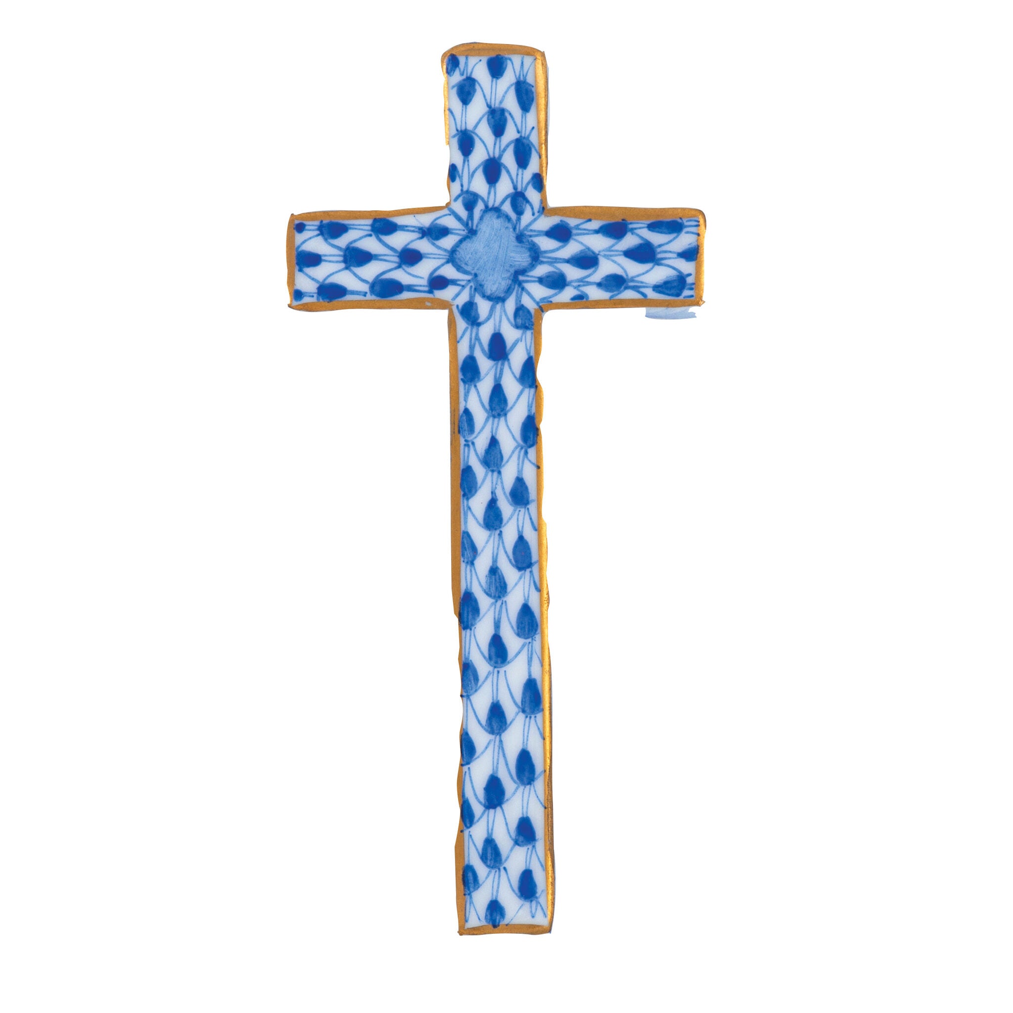 Hand-painted Herend Miniature Cross Figurine in Sapphire fishnet porcelain on a white background