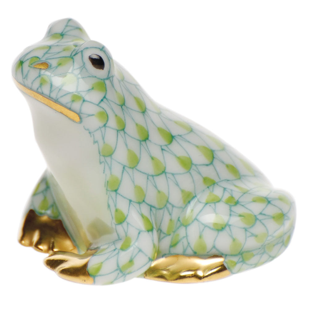 Hand-painted Herend Miniature Frog Figurine in Key Lime fishnet porcelain on a white background