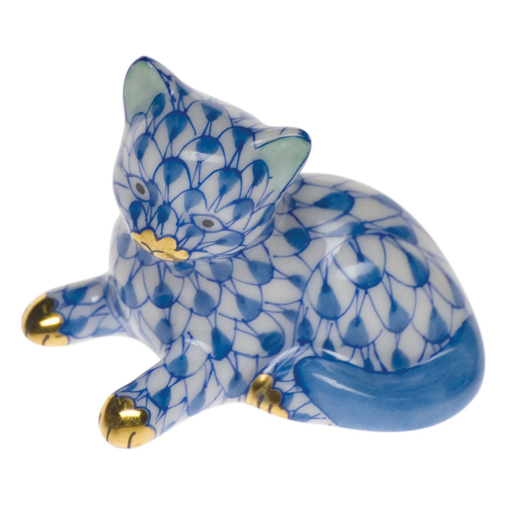 Blue fishnet Miniature Kitten Figurine figurine, hand-painted Herend porcelain with 24k gold accents