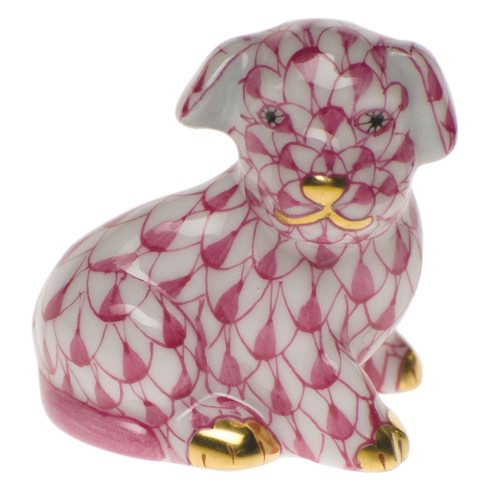Hand-painted Herend Miniature Puppy Figurine in Raspberry fishnet porcelain on a white background