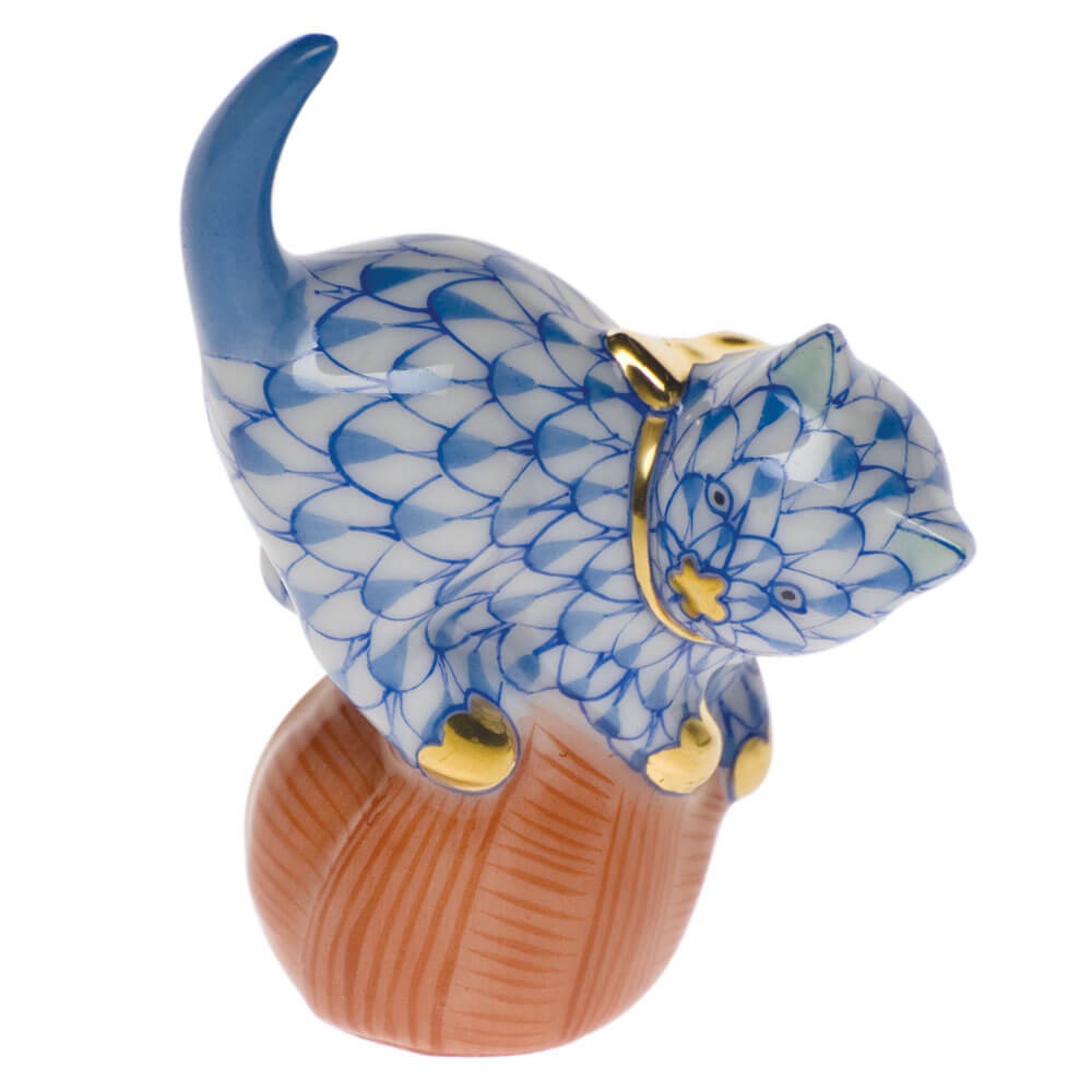 Hand-painted Herend Mischievous Cat Figurine in Blue fishnet porcelain on a white background