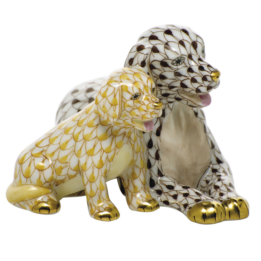 Hand-painted Herend Mommy and Me Figurine in Chocolate-Butterscotch fishnet porcelain on a white background