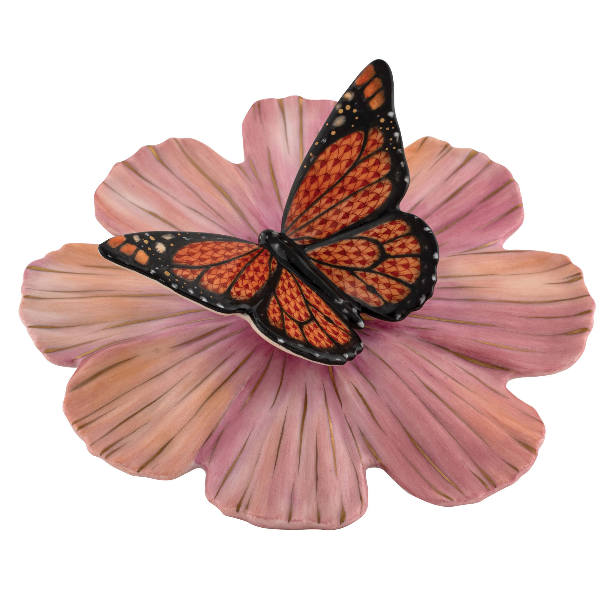 Hand-painted Herend Monarch on Cosmos Figurine in fine porcelain, 2in H X 6in D, on a white background