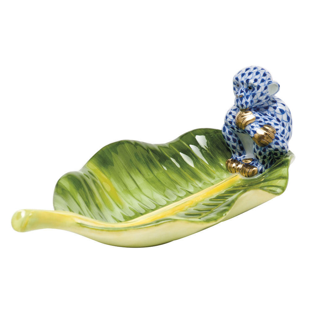 Herend Monkey on Banana Leaf Figurine porcelain figurine painted in the Sapphire fishnet pattern
