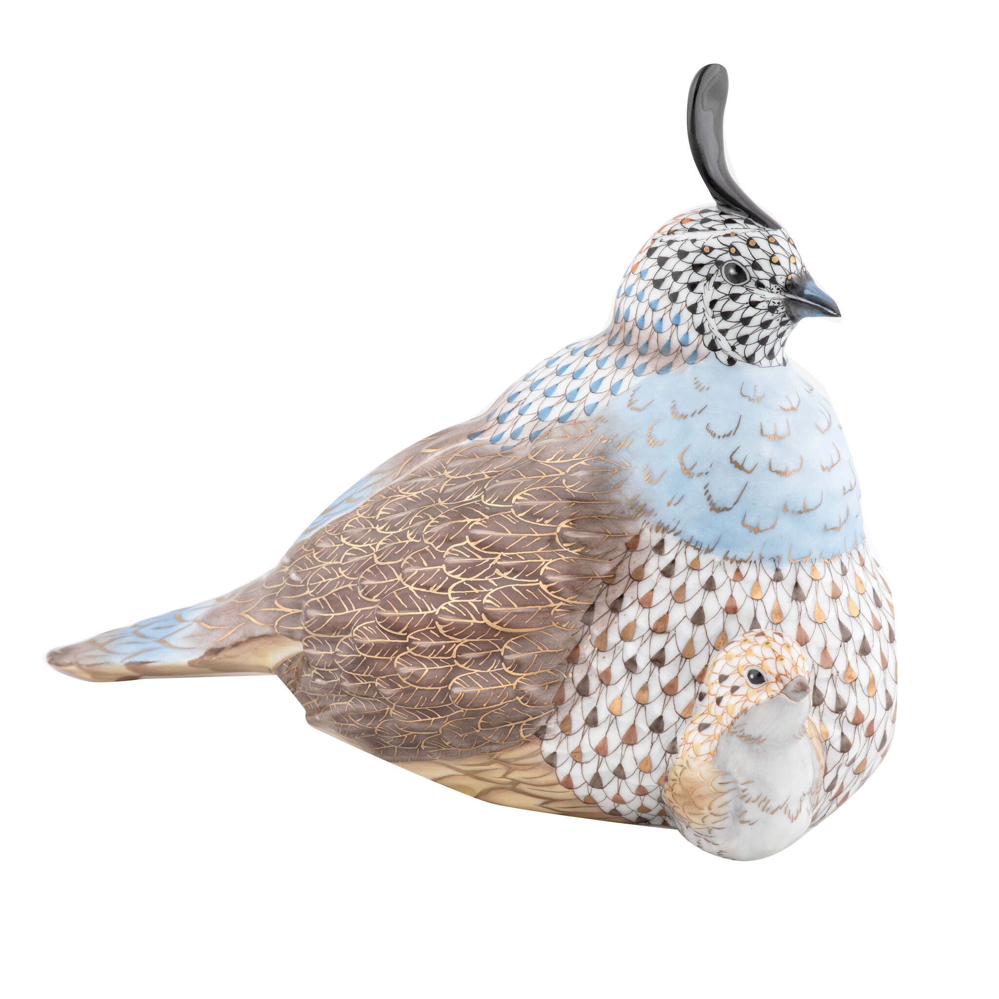Hand-painted Herend Mother and Baby Quail Figurine in fine porcelain, 9.25in L X 4in W X 6.75in H, on a white background