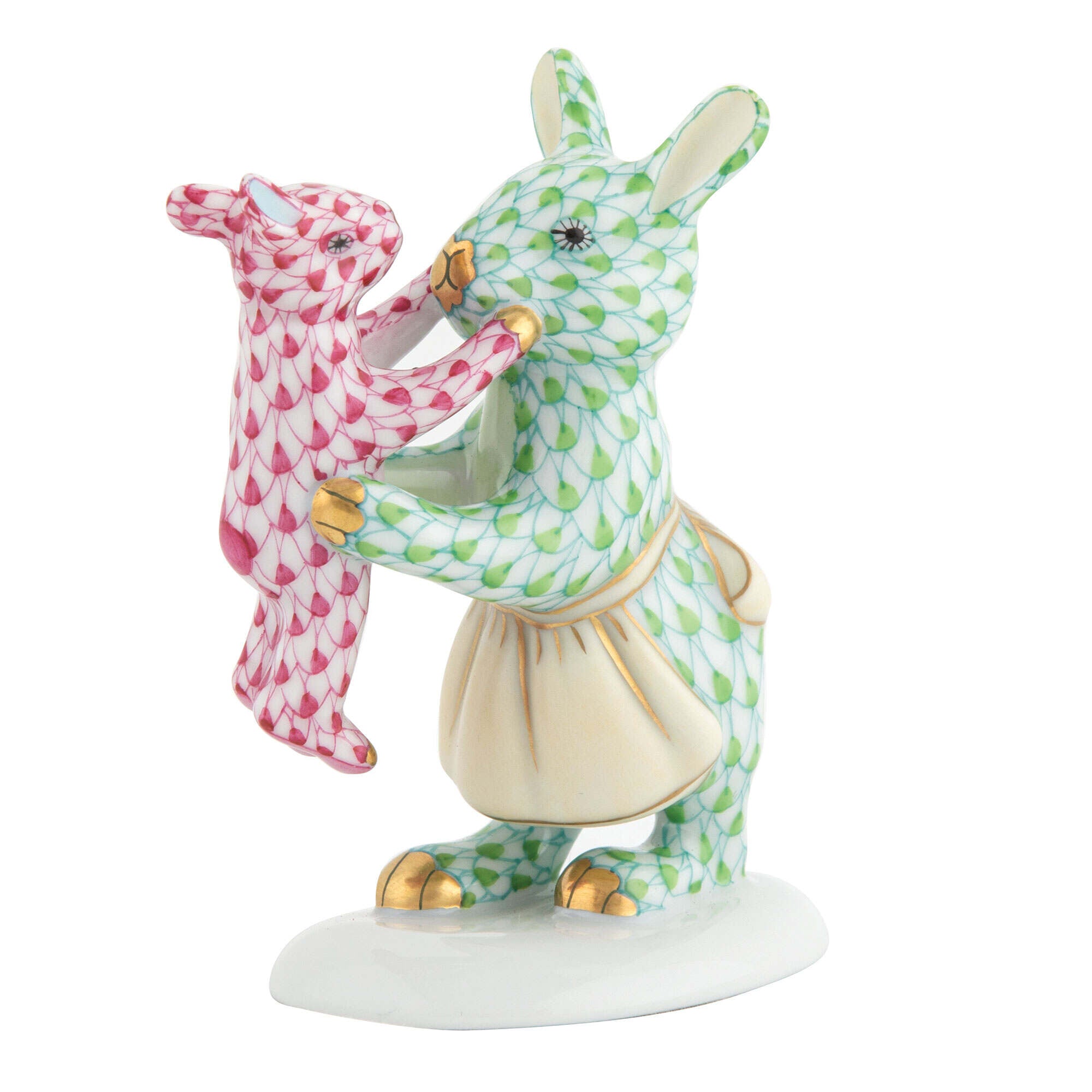 Hand-painted Herend Mother Bunny with Child Figurine in Key Lime-Raspberry fishnet porcelain on a white background