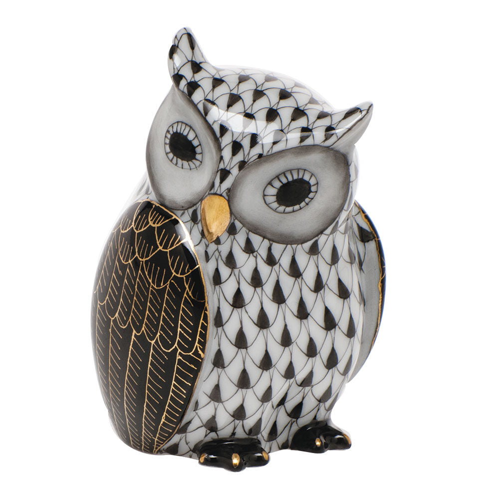 Hand-painted Herend Mother Owl Figurine in Black fishnet porcelain on a white background