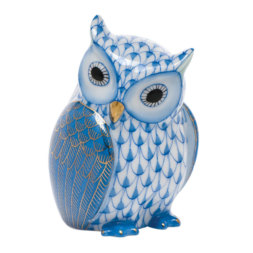 Blue fishnet Mother Owl Figurine figurine, hand-painted Herend porcelain with 24k gold accents