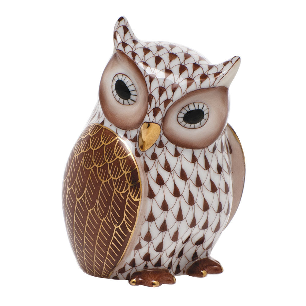 Chocolate fishnet Mother Owl Figurine figurine, hand-painted Herend porcelain with 24k gold accents