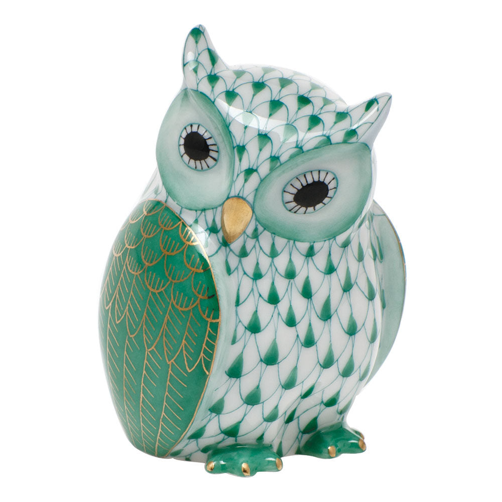 Hand-painted Herend Mother Owl Figurine in Green fishnet porcelain on a white background
