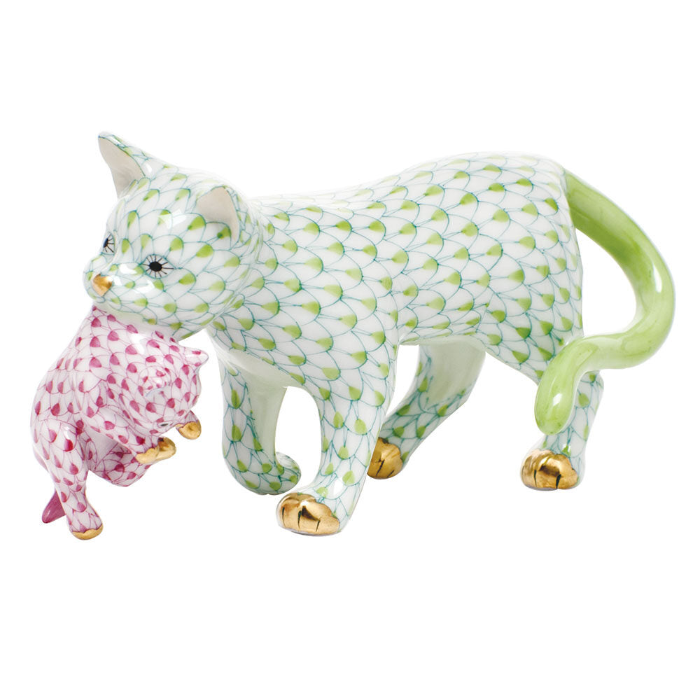 Herend Motherly Love Figurine porcelain figurine painted in the Key Lime-Raspberry fishnet pattern
