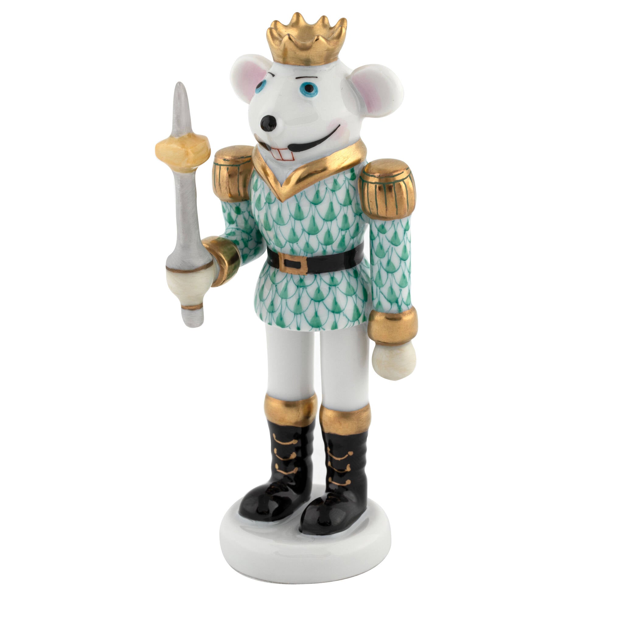 Hand-painted Herend Mouse King Nutcracker Figurine in Green fishnet porcelain on a white background